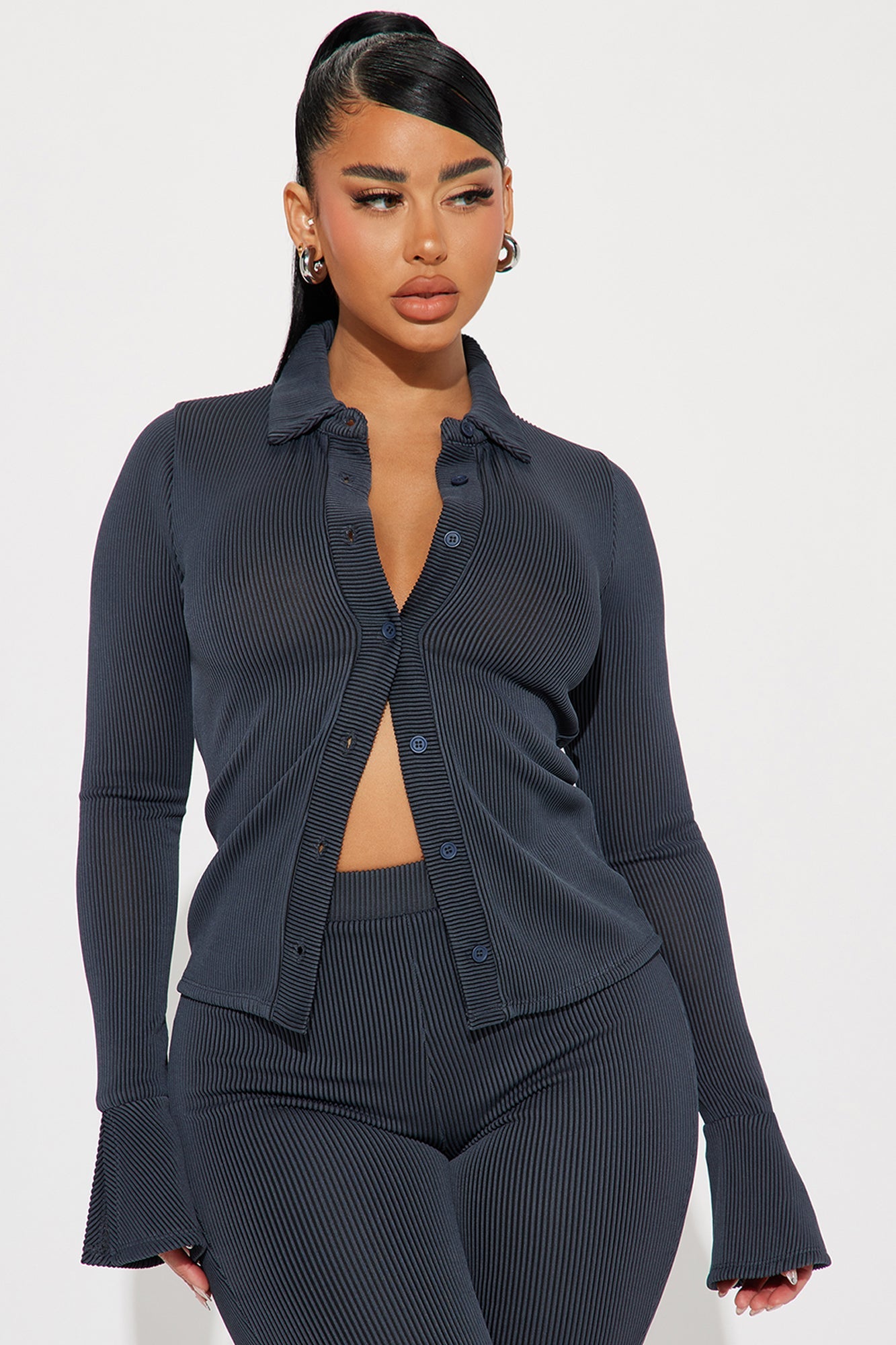 Nikki Ribbed Pant Set - Charcoal