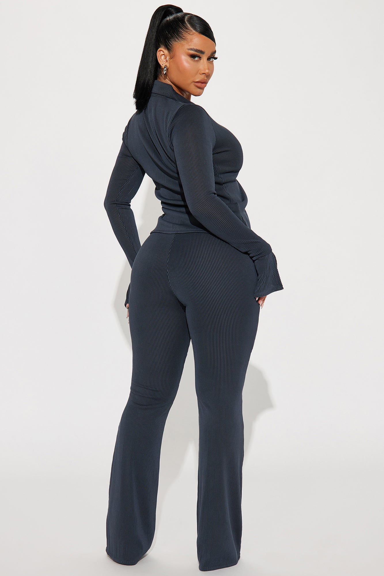 Nikki Ribbed Pant Set - Charcoal