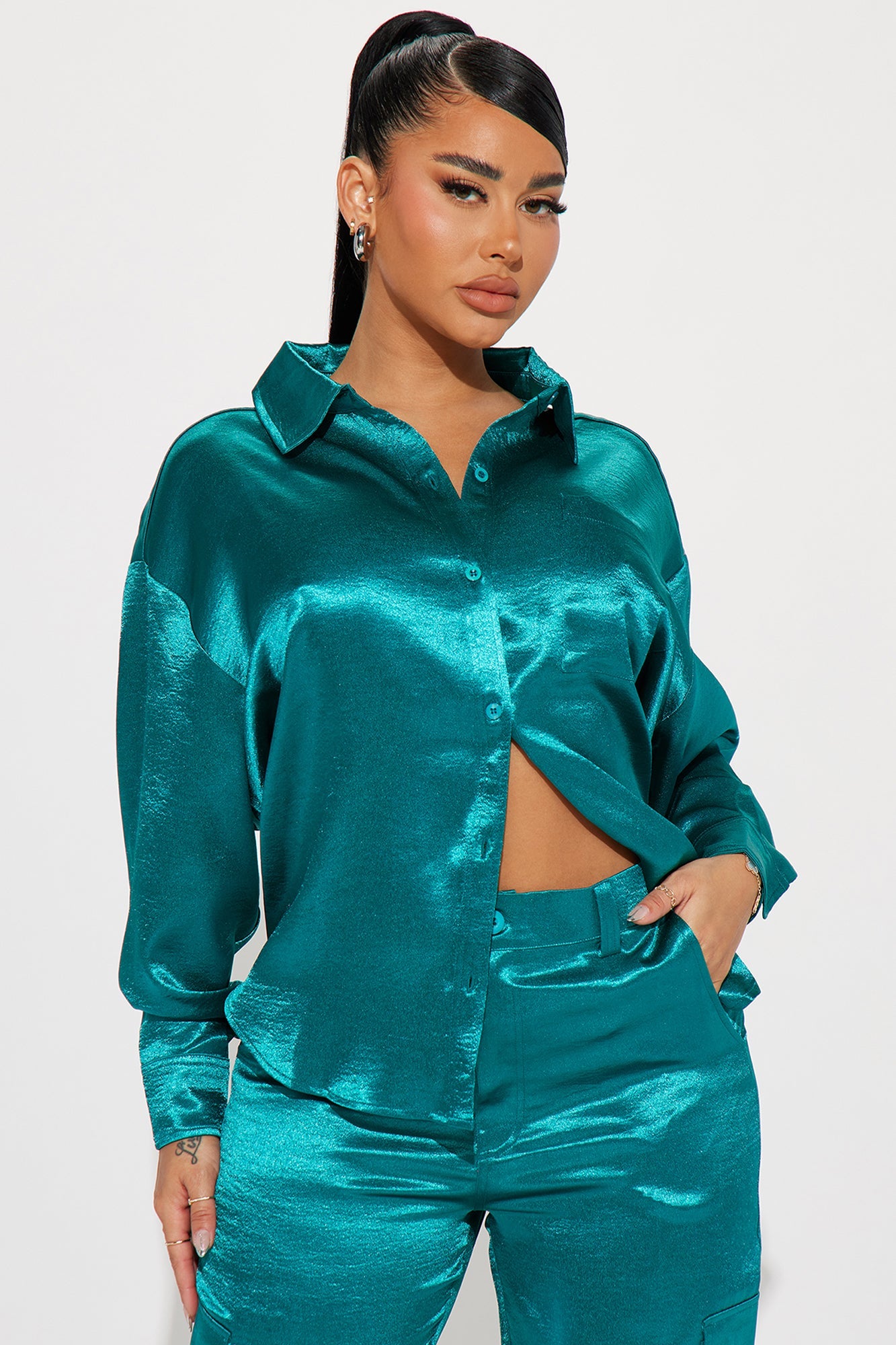 Same Girl Satin Pant Set - Teal