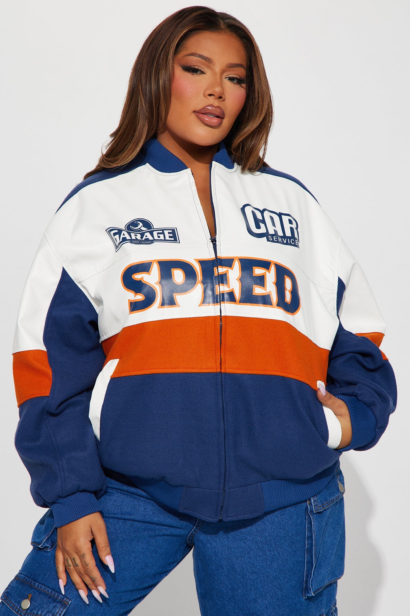 Over The Speed Limit Oversize Bomber Jacket - Navy/combo