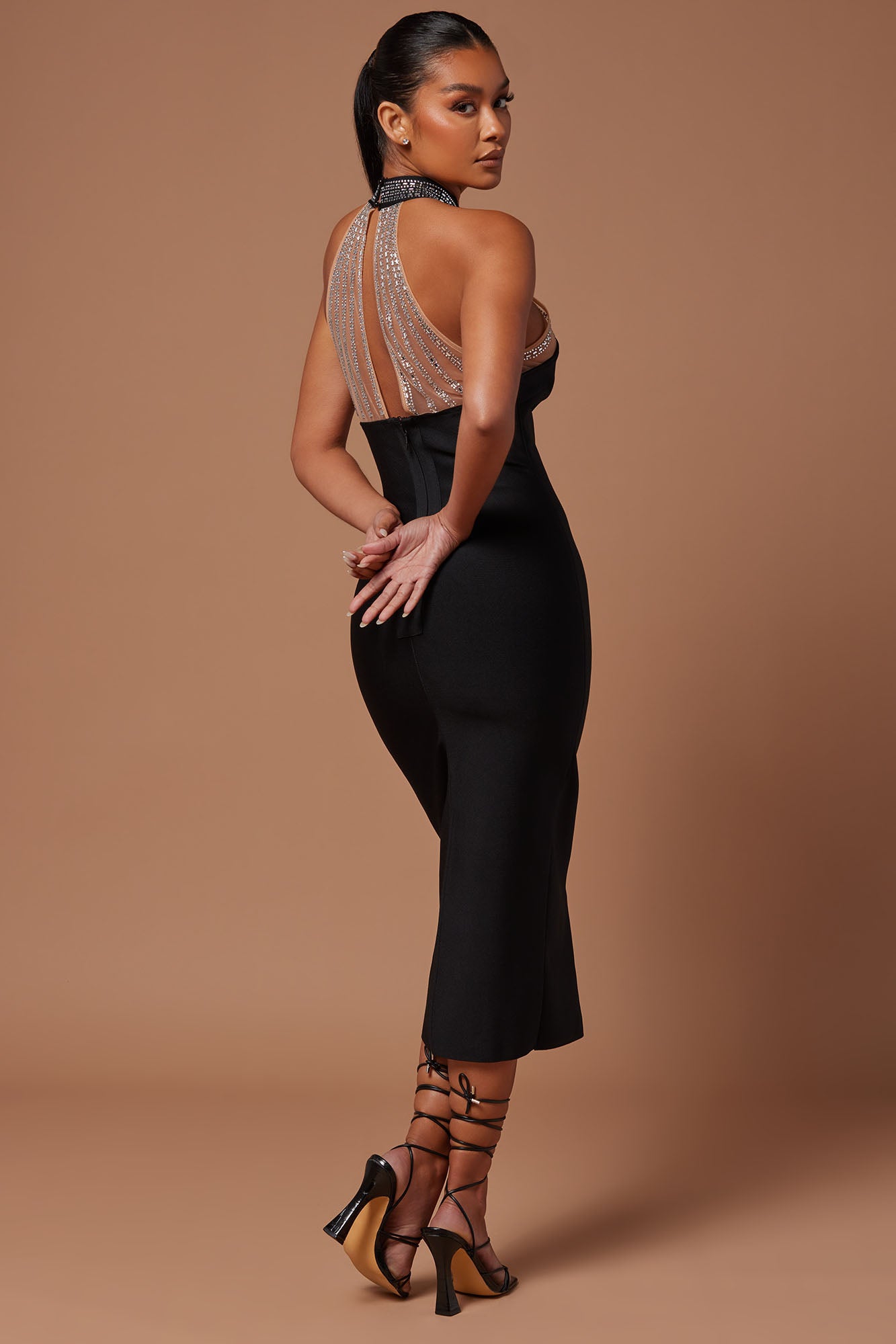 Lina Embellished Bandage Midi Dress - Black