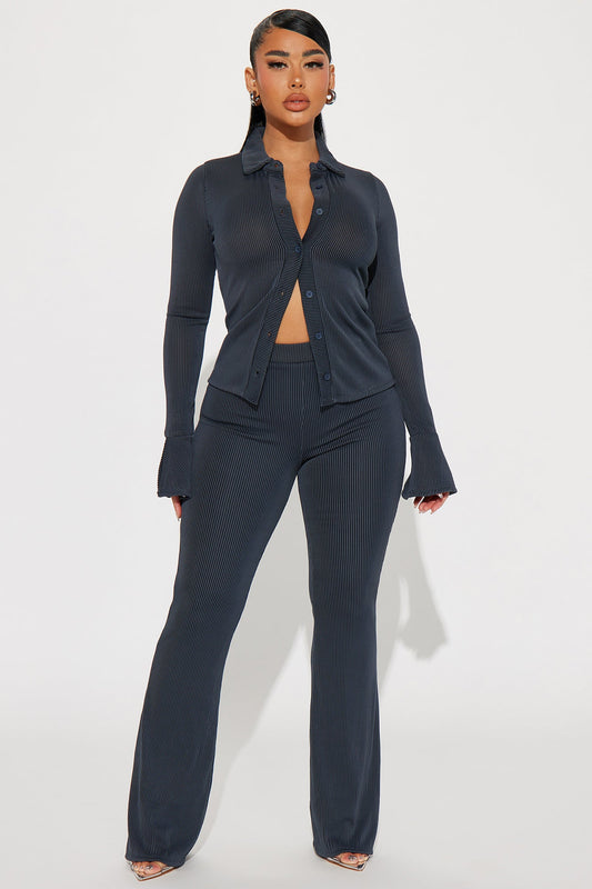Nikki Ribbed Pant Set - Charcoal
